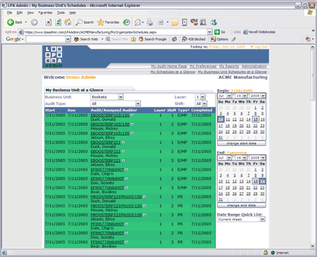 LPA Admin Schedule at a Glance Screen Shot